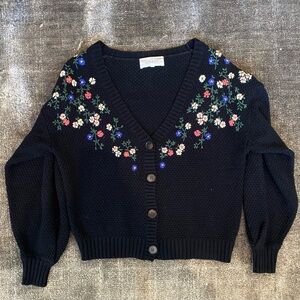 THE GREAT floral embroidered black cardigan